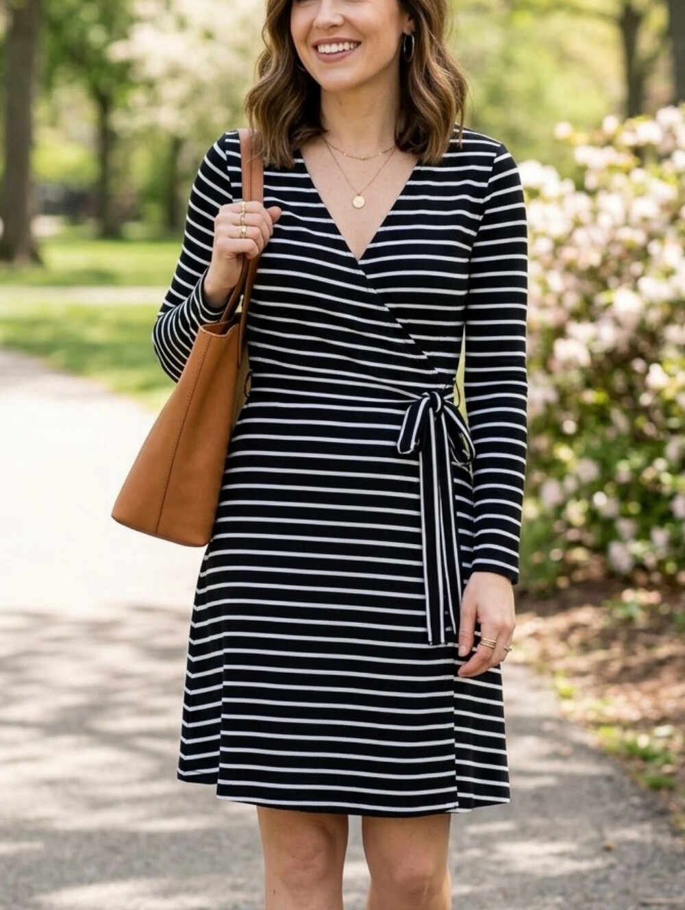 Reitmans Black/White Striped Long-Sleeve Wrap Dress Size Medium PTP 20" L 37"